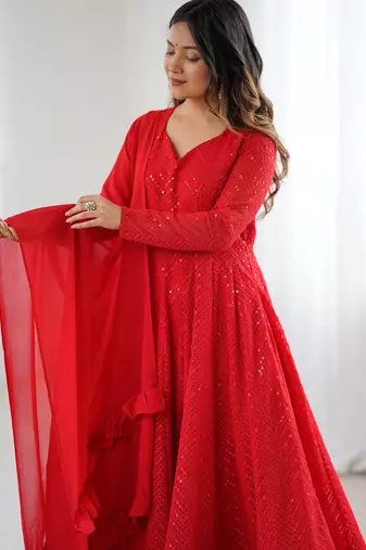 Designer georgette embroidery and lakhnowi sequence red readymade salwar suit