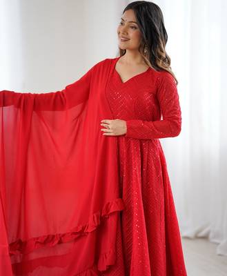 Designer georgette embroidery and lakhnowi sequence red readymade salwar suit 4