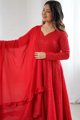 Designer georgette embroidery and lakhnowi sequence red readymade salwar suit