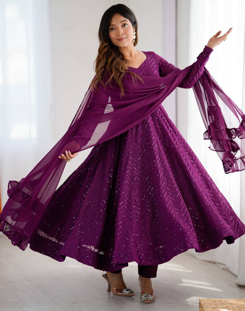 Designer georgette embroidery and lakhnowi sequence wine readymade salwar suit