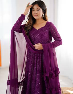 Designer georgette embroidery and lakhnowi sequence wine readymade salwar suit 4
