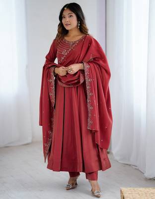 Premium chanderi silk embroidery and hand work maroon readymade salwar suit 2
