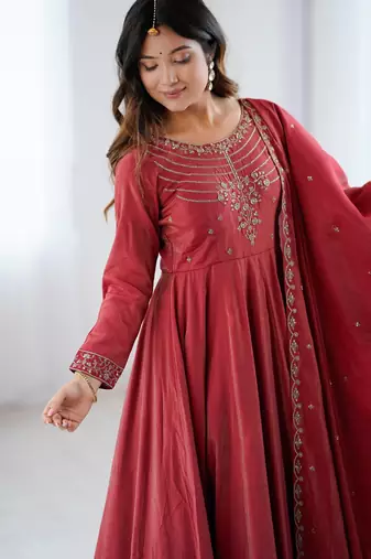 Premium chanderi silk embroidery and hand work maroon readymade salwar suit