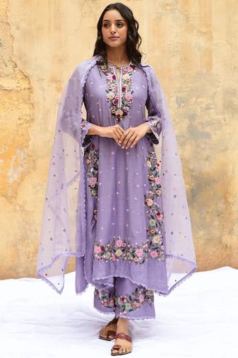 Trendy faux georgette embroidery and sequence work lavender readymade salwar suit