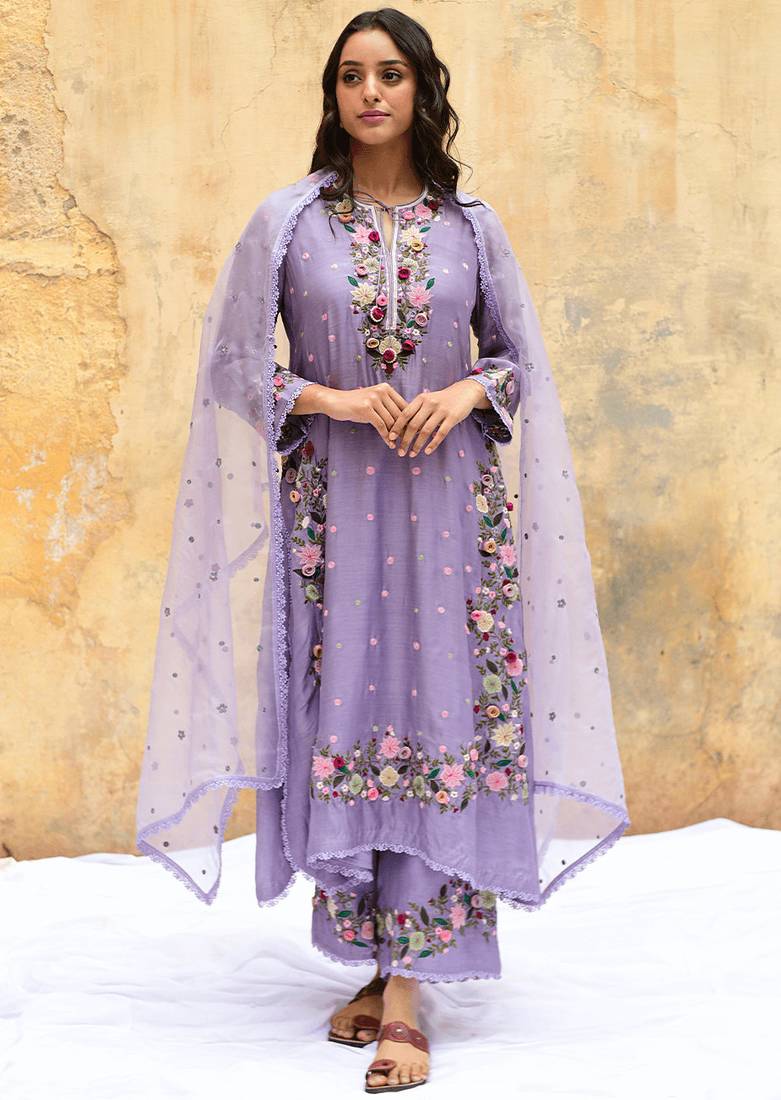 Trendy faux georgette embroidery and sequence work lavender readymade salwar suit