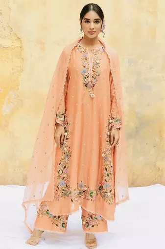 Trendy faux georgette embroidery and sequence work peach readymade salwar suit