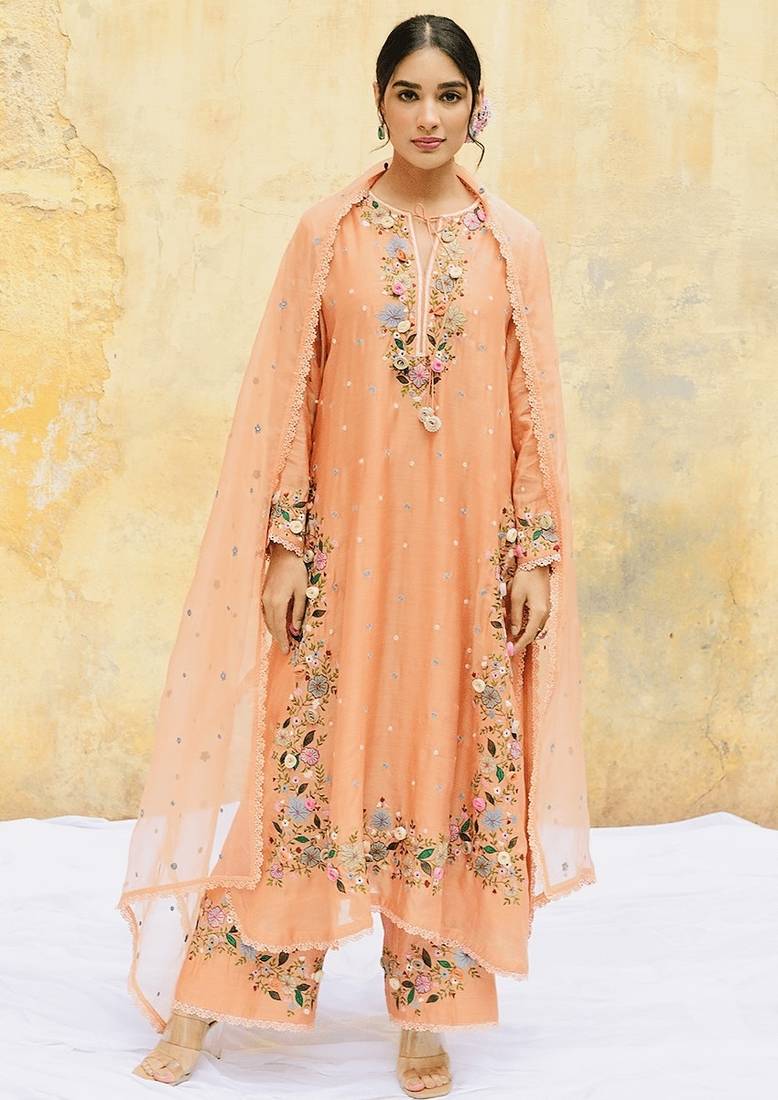 Trendy faux georgette embroidery and sequence work peach readymade salwar suit