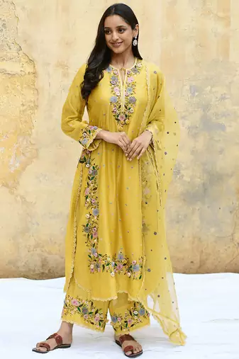 Trendy faux georgette embroidery and sequence work yellow readymade salwar suit