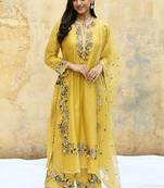 Trendy faux georgette embroidery and sequence work yellow readymade salwar suit