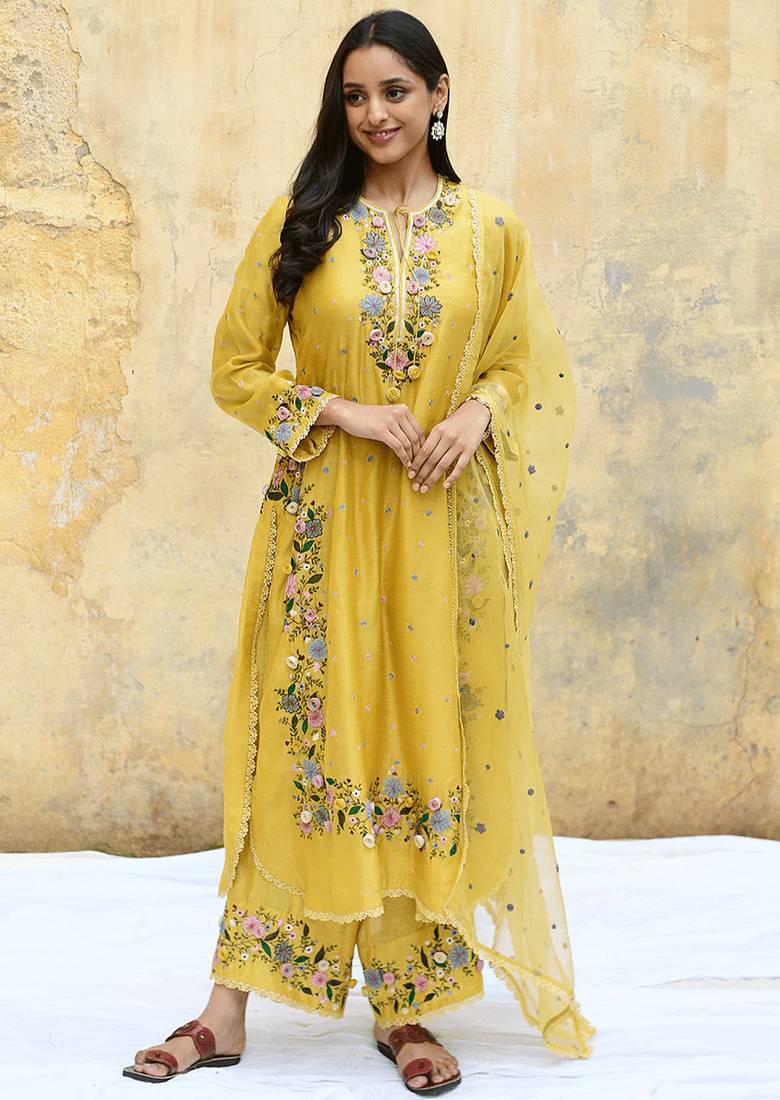Trendy faux georgette embroidery and sequence work yellow readymade salwar suit