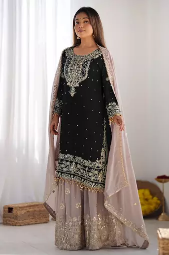 Heavy fuax  georgette embroidery and sequence work black readymade salwar suit