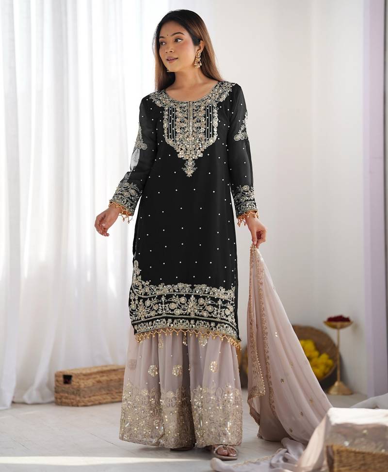 Heavy fuax  georgette embroidery and sequence work black readymade salwar suit