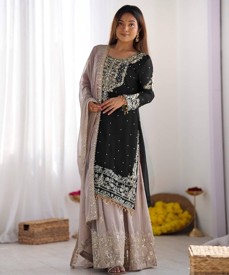 Heavy fuax  georgette embroidery and sequence work black readymade salwar suit