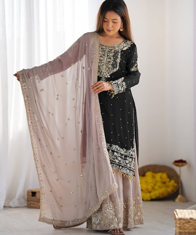 Heavy fuax  georgette embroidery and sequence work black readymade salwar suit
