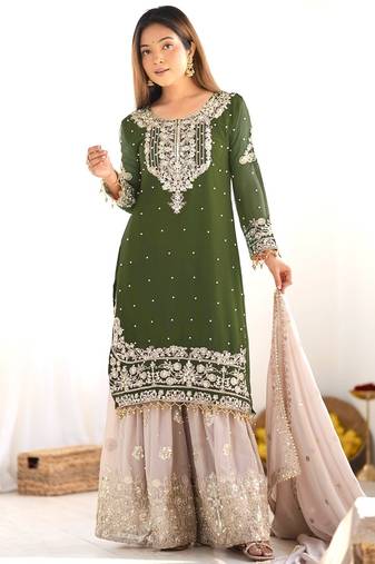 Heavy fuax  georgette embroidery and sequence work green readymade salwar suit