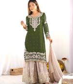 Heavy fuax  georgette embroidery and sequence work green readymade salwar suit