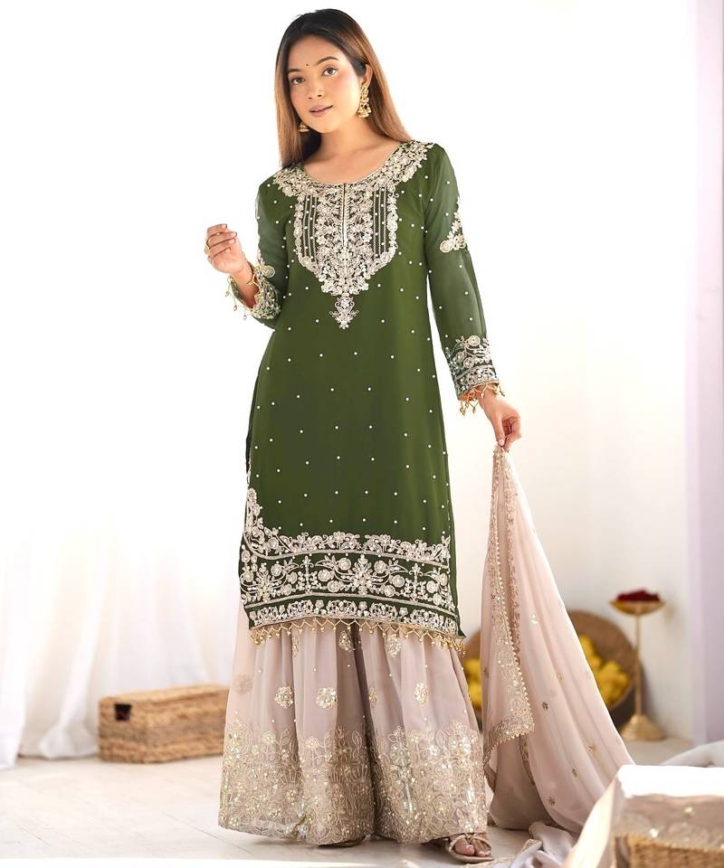 Heavy fuax  georgette embroidery and sequence work green readymade salwar suit
