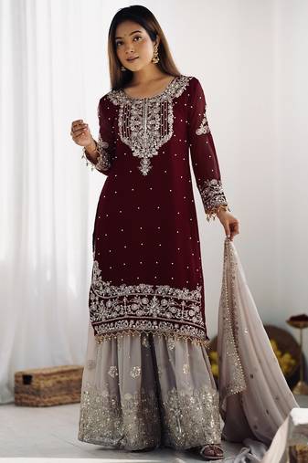Heavy fuax  georgette embroidery and sequence work maroon readymade salwar suit