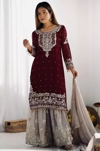 Heavy fuax  georgette embroidery and sequence work maroon readymade salwar suit