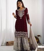 Heavy fuax  georgette embroidery and sequence work maroon readymade salwar suit