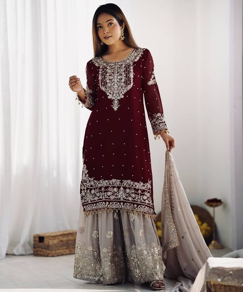 Heavy fuax  georgette embroidery and sequence work maroon readymade salwar suit