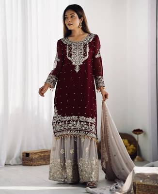 Heavy fuax  georgette embroidery and sequence work maroon readymade salwar suit 2