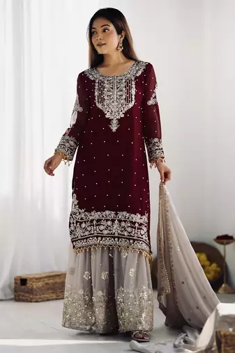 Heavy fuax  georgette embroidery and sequence work maroon readymade salwar suit