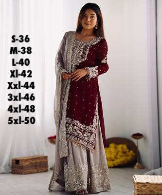 Heavy fuax  georgette embroidery and sequence work maroon readymade salwar suit 3