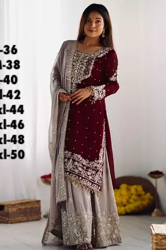 Heavy fuax  georgette embroidery and sequence work maroon readymade salwar suit