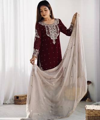 Heavy fuax  georgette embroidery and sequence work maroon readymade salwar suit 4