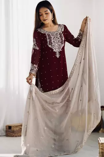 Heavy fuax  georgette embroidery and sequence work maroon readymade salwar suit