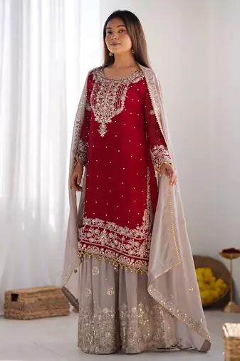 Heavy fuax  georgette embroidery and sequence work red readymade salwar suit