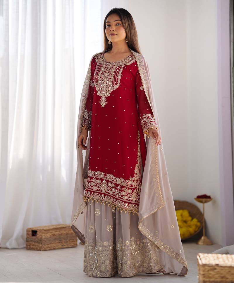 Heavy fuax  georgette embroidery and sequence work red readymade salwar suit