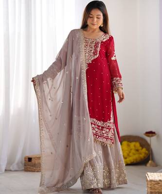 Heavy fuax  georgette embroidery and sequence work Rani pink readymade salwar suit 2