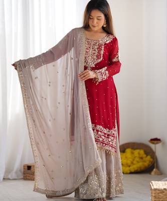 Heavy fuax  georgette embroidery and sequence work Rani pink readymade salwar suit 3