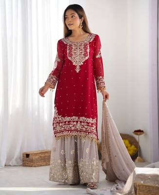 Heavy fuax  georgette embroidery and sequence work Rani pink readymade salwar suit 4