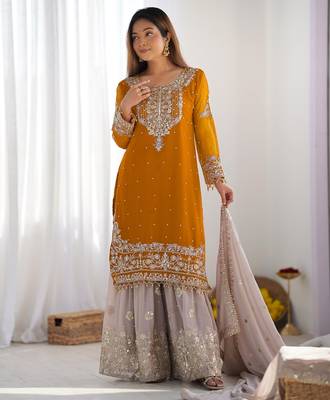 Heavy fuax  georgette embroidery and sequence work yellow readymade salwar suit 1