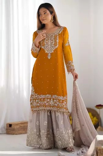 Heavy fuax  georgette embroidery and sequence work yellow readymade salwar suit