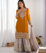 Heavy fuax  georgette embroidery and sequence work yellow readymade salwar suit