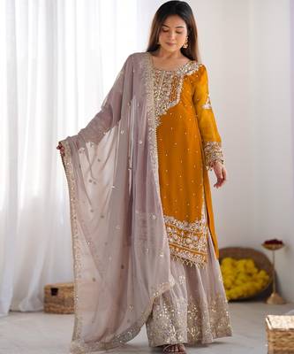 Heavy fuax  georgette embroidery and sequence work yellow readymade salwar suit 2