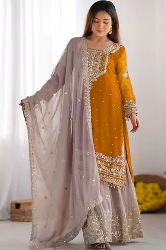 Heavy fuax  georgette embroidery and sequence work yellow readymade salwar suit