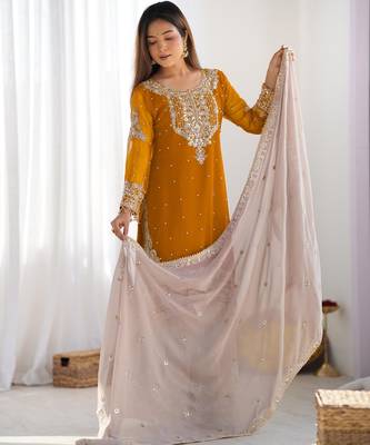 Heavy fuax  georgette embroidery and sequence work yellow readymade salwar suit 3