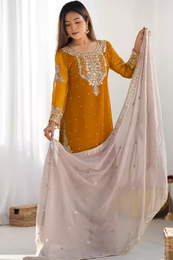 Heavy fuax  georgette embroidery and sequence work yellow readymade salwar suit