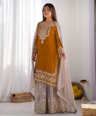 Heavy fuax  georgette embroidery and sequence work yellow readymade salwar suit 4
