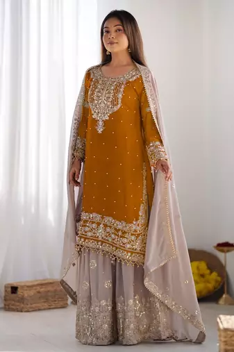 Heavy fuax  georgette embroidery and sequence work yellow readymade salwar suit
