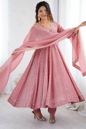 Trendy  silk embroidery and sequence work peach readymade salwar suit