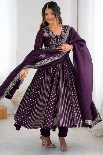Trendy  silk embroidery and sequence work purple readymade salwar suit
