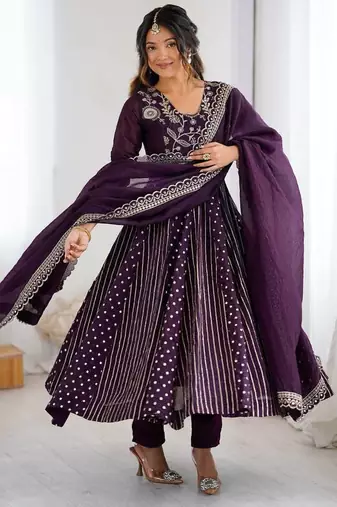 Trendy  silk embroidery and sequence work purple readymade salwar suit