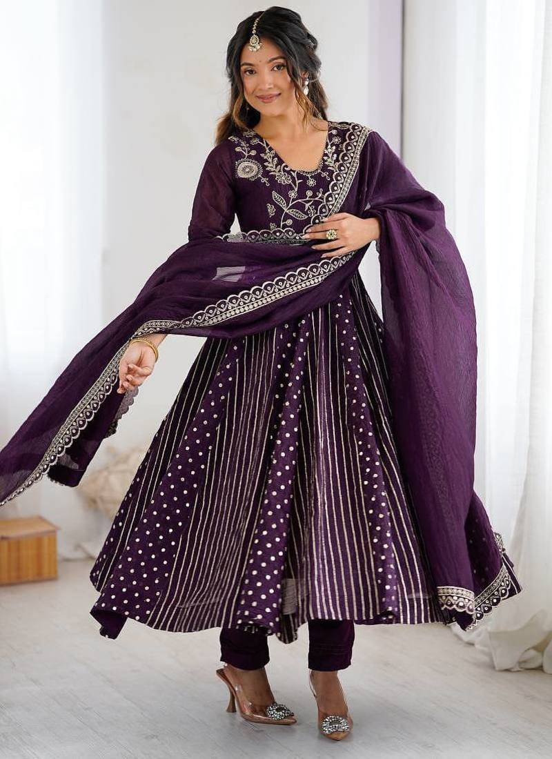 Trendy  silk embroidery and sequence work purple readymade salwar suit
