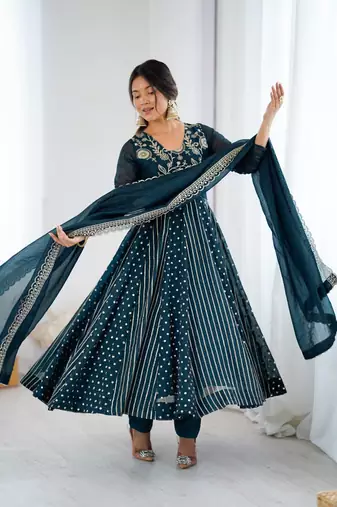 Trendy  silk embroidery and sequence work teal blue readymade salwar suit